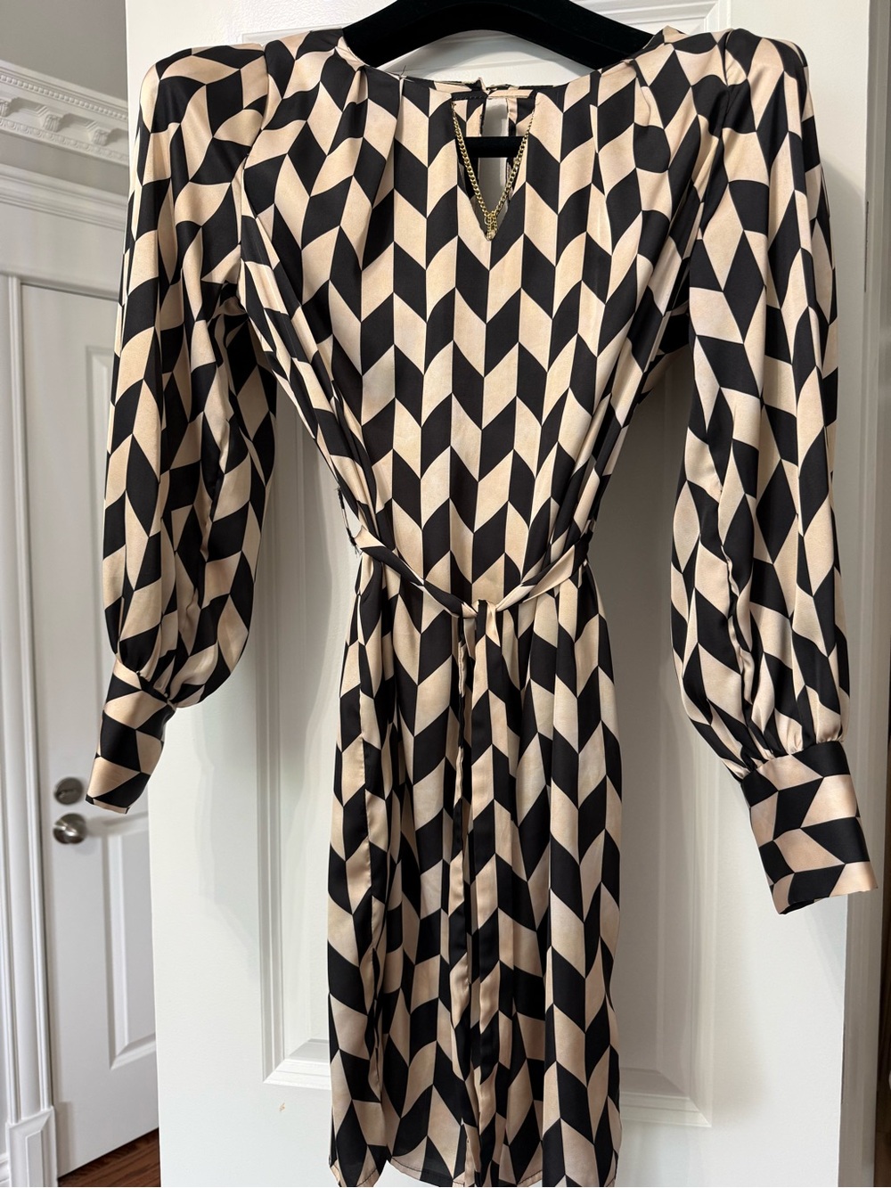 Rinascimento Black and Beige Geometric Long-Sleeve Dress